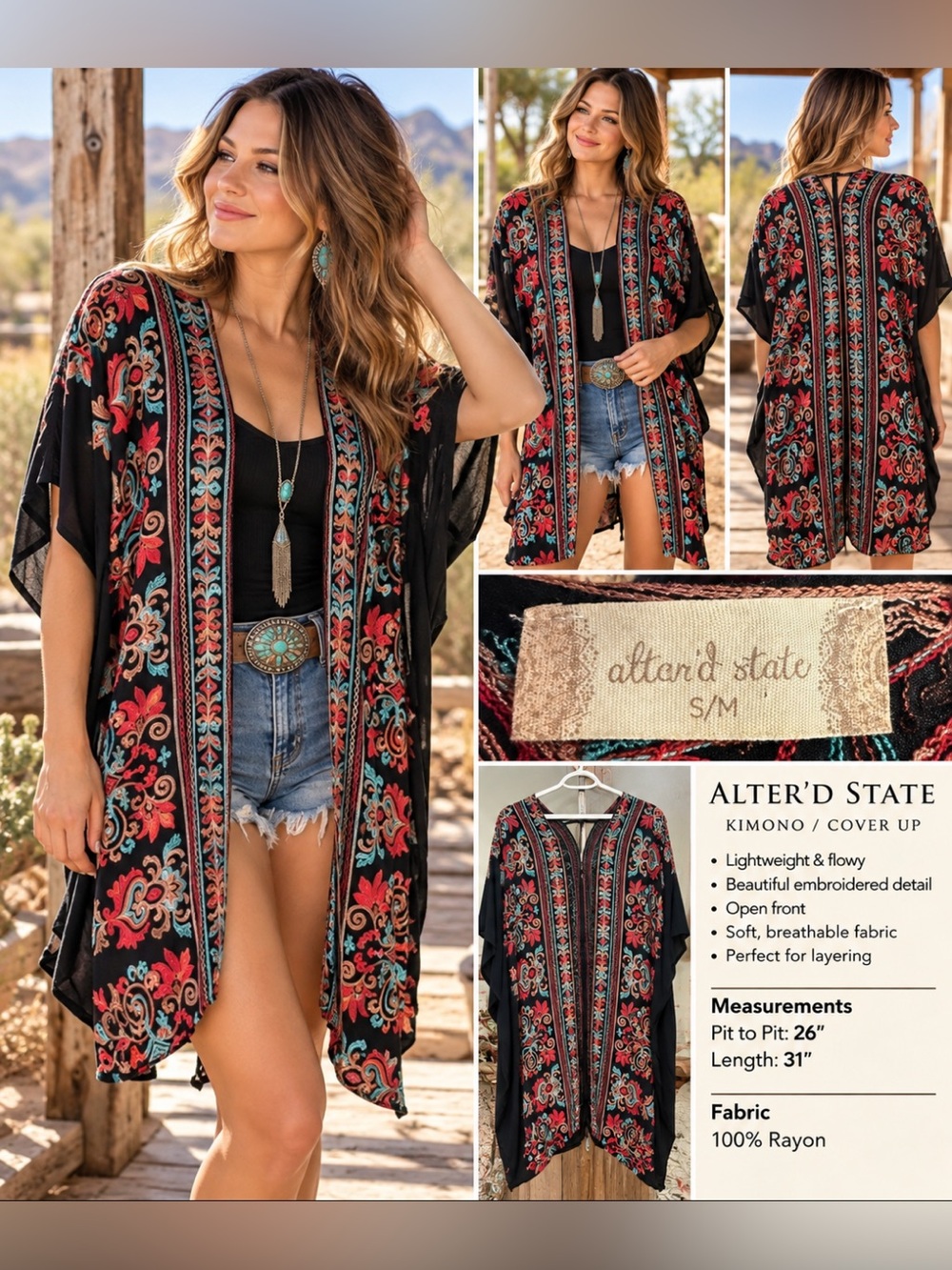 Altar'd State Black Kimono with Red & Teal Floral Embroidery
